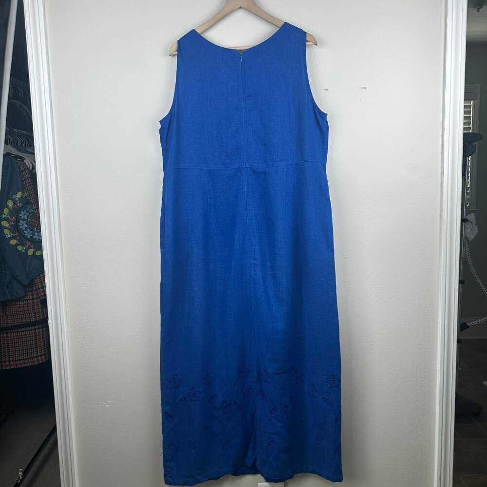 VTG COUNTRY WEAR CASUALS Blue Linen Sleeveless Maxi Embroider Dress Womens Sz L - Picture 2 of 15